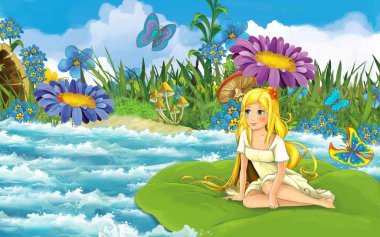 Ormanda genç ve güzel bir kızın kelebek desenli yaprağıyla nehirde yelken açtığı karikatür sahnesi.