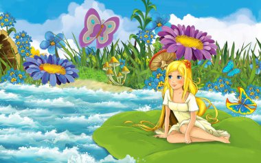 Ormanda genç ve güzel bir kızın kelebek desenli yaprağıyla nehirde yelken açtığı karikatür sahnesi.