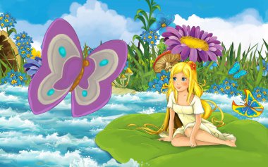 Ormanda genç ve güzel bir kızın kelebek desenli yaprağıyla nehirde yelken açtığı karikatür sahnesi.