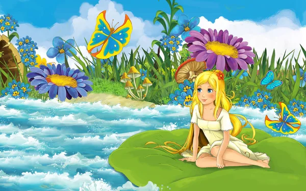 Ormandaki karikatür kızı kelebek çizimiyle nehirde yelken açıyor. — Stok fotoğraf