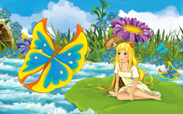 Scena Kreskówki Młodą Piękną Dziewczynką Lesie Żeglowanie Rzece Liściu Motylem — Zdjęcie stockowe