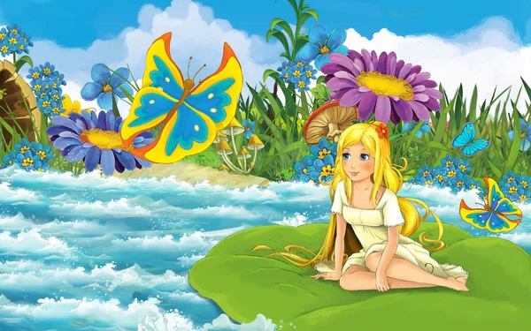 Ormandaki karikatür kızı kelebek çizimiyle nehirde yelken açıyor. — Stok fotoğraf