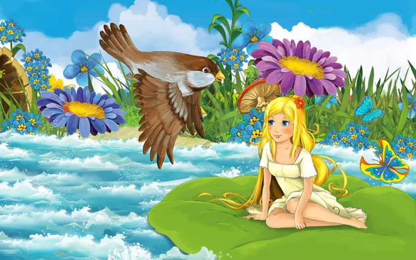 Ormandaki çizgi film kızı yaprağın üzerinde nehirde yelken açıyor vahşi bir kuş resmiyle. — Stok fotoğraf