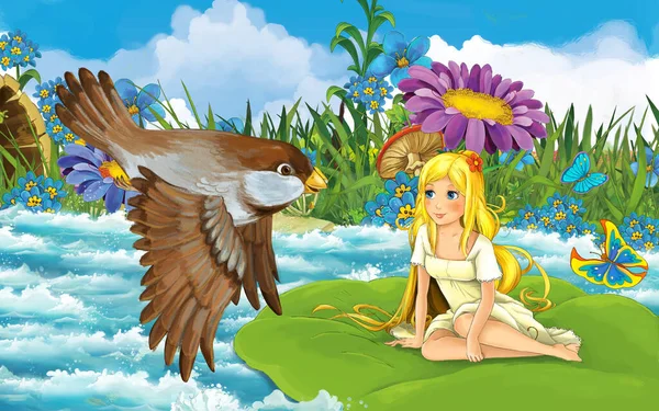 Мультяшная девушка в лесу, плывущая по реке на листе с иллюстрацией дикой птицы — стоковое фото
