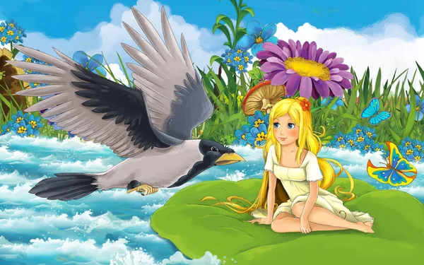 Cartoon-Mädchen im Wald Segeln im Fluss auf dem Blatt mit einem wilden Vogel Illustration — Stockfoto