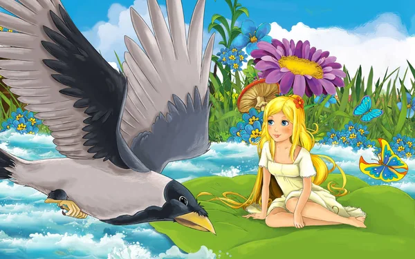 Ragazza dei cartoni animati nella foresta a vela nel fiume sulla foglia con un uccello selvatico illustrazione — Foto Stock