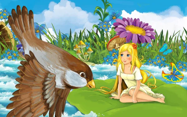 Cartoon girl in the forest sailing in the river on the leaf with a wild bird illustration — 스톡 사진