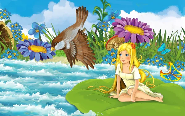 Dziewczyna z kreskówki w lesie żeglarstwo w rzece na liściu z dzikim ptakiem ilustracja — Zdjęcie stockowe