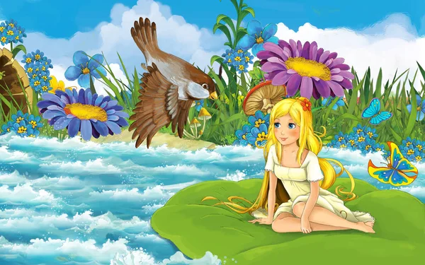 Мультяшная девушка в лесу, плывущая по реке на листе с иллюстрацией дикой птицы — стоковое фото