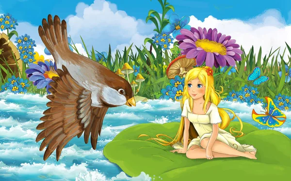 Cartoon-Mädchen im Wald Segeln im Fluss auf dem Blatt mit einem wilden Vogel Illustration — Stockfoto