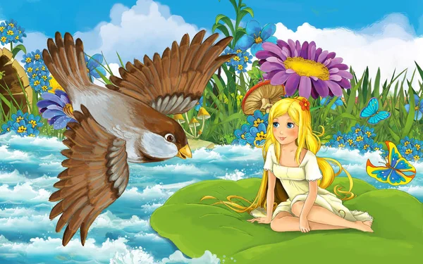 Kreslená dívka v lese plachtění v řece na listu s divokým ptákem ilustrace — Stock fotografie
