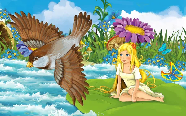 Dziewczyna z kreskówki w lesie żeglarstwo w rzece na liściu z dzikim ptakiem ilustracja — Zdjęcie stockowe