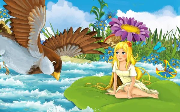 Cartoon-Mädchen im Wald Segeln im Fluss auf dem Blatt mit einem wilden Vogel Illustration — Stockfoto