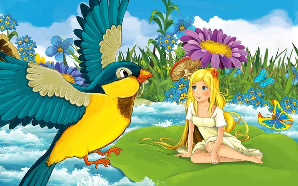Cartoon meisje in het bos zeilen in de rivier op het blad met een wild vogel illustratie — Stockfoto