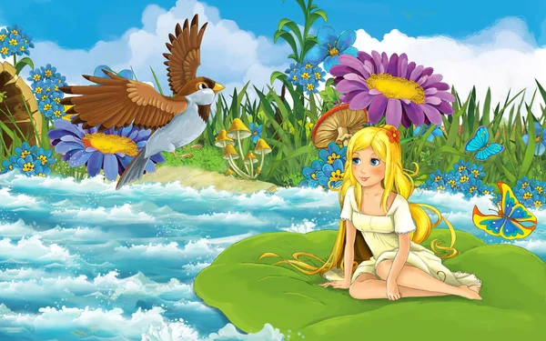 Cartoon girl in the forest sailing in the river on the leaf with a wild bird illustration — 스톡 사진