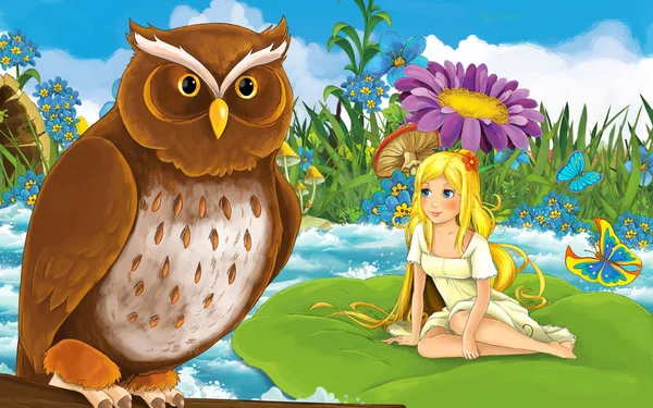Tecknad flicka i skogen seglar i floden på bladet med en vild fågel illustration — Stockfoto