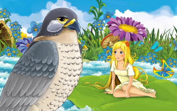 Fată de desene animate în pădure navighează în râu pe frunză cu o ilustrație de păsări sălbatice — Fotografie, imagine de stoc