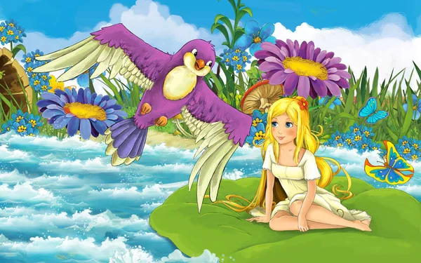 Chica de dibujos animados en el bosque navegando en el río en la hoja con un pájaro salvaje ilustración —  Fotos de Stock
