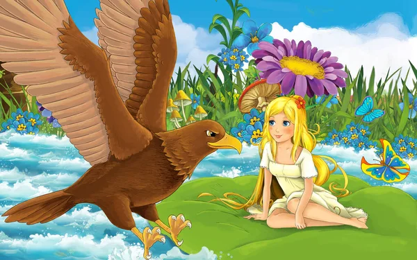 Menina dos desenhos animados na floresta navegando no rio na folha com uma ilustração pássaro selvagem — Fotografia de Stock