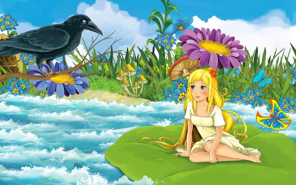Chica de dibujos animados en el bosque navegando en el río en la ilustración de la hoja —  Fotos de Stock