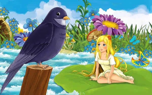 Cartoon meisje in het bos zeilen in de rivier op het blad met een wild vogel illustratie — Stockfoto