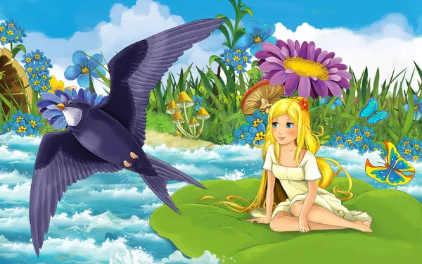 Cartoon girl in the forest sailing in the river on the leaf with a wild bird illustration — Stock Photo, Image