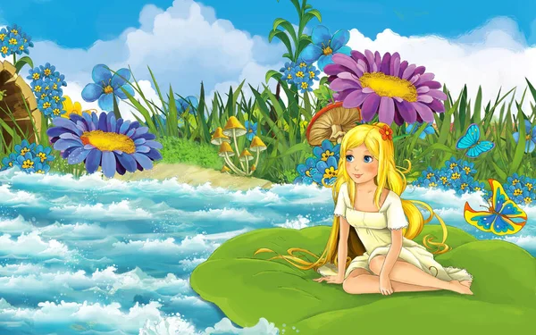 Dziewczyna z kreskówki w lesie żeglarstwo w rzece na ilustracji liści — Zdjęcie stockowe