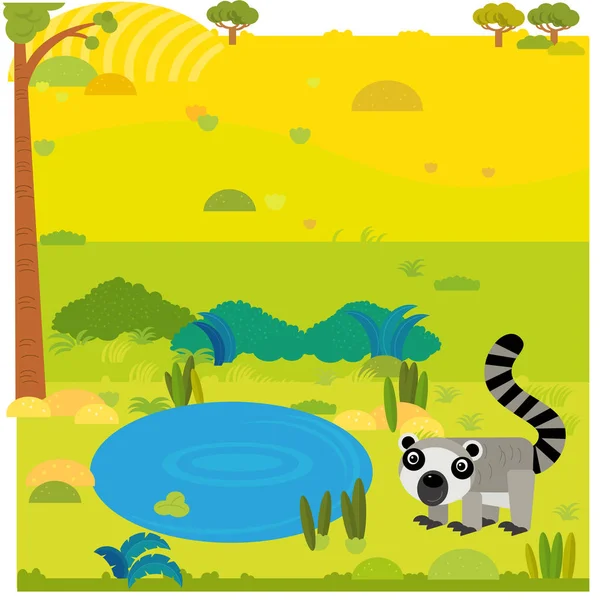 Escena de safari de dibujos animados con lémur animal salvaje en la ilustración del prado — Foto de Stock