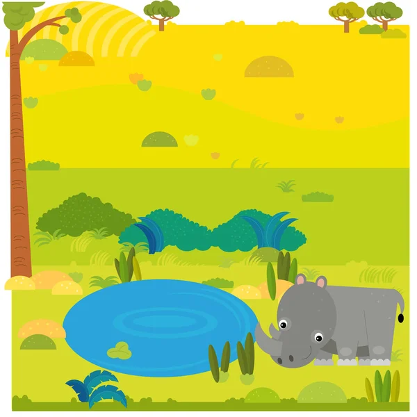 Desenho animado safari cena selvagem animal rinoceronte rinoceronte no prado ilustração — Fotografia de Stock