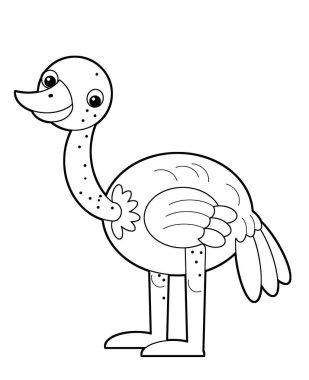 Mutlu devekuşu kuşunun beyaz arka planda olduğu bir çizgi film sahnesi.