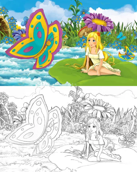 Kreskówka piękna dziewczyna w strumieniu w pobliżu niektóre łąki z dziki motyl z szkic ilustracja — Zdjęcie stockowe