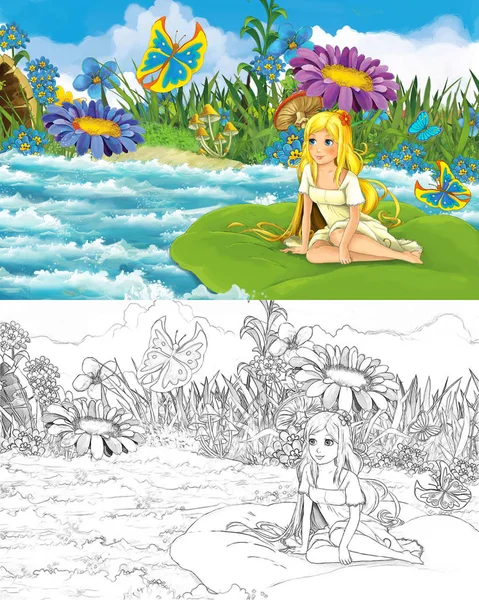 Desenho animado menina bonita no riacho perto de algum prado com uma borboleta selvagem com ilustração esboço — Fotografia de Stock