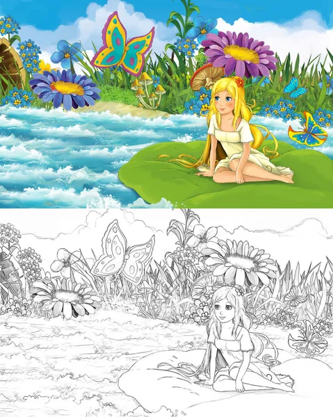 Cartoon girl in the stream near some meadow with a wild rat or mouse with sketch illustration — Stock Photo, Image