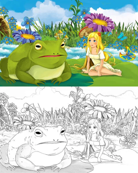 いくつかの牧草地の近くのストリーム内の漫画シーンの女の子は、野生のカエルやスケッチのイラストでヒキガエルと — ストック写真