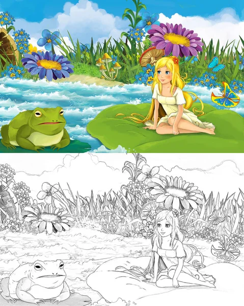 Fille scène de dessin animé dans le ruisseau près d'une prairie avec une grenouille sauvage ou crapaud avec croquis illustration — Photo