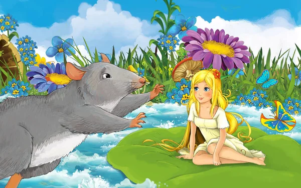 Tecknad flicka i bäcken nära någon äng med en vild råtta eller mus med skiss illustration — Stockfoto