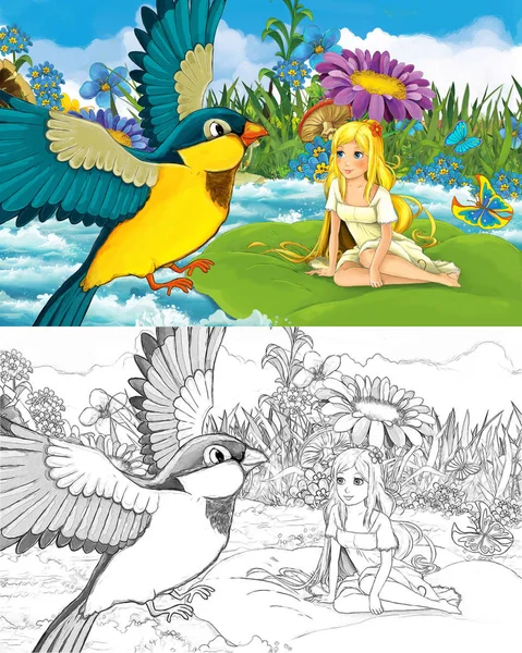 Çizim çizimi olan vahşi kuş deresinde güzel bir kız. — Stok fotoğraf