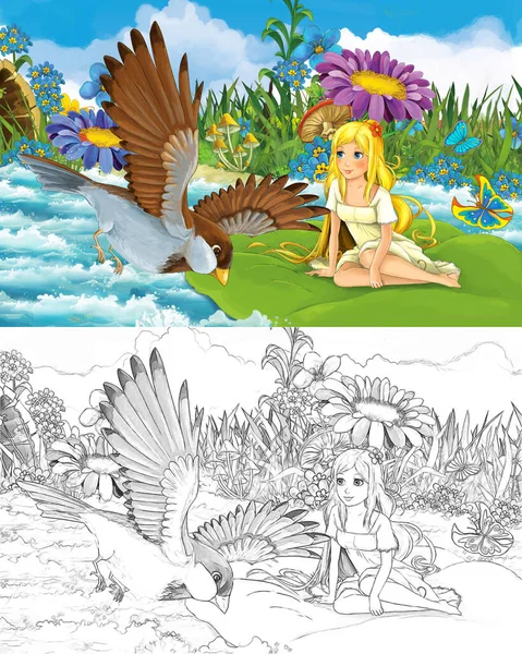 Dessin animé belle fille dans le ruisseau oiseau sauvage avec croquis illustration — Photo