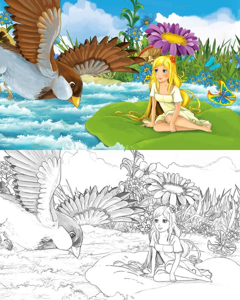 Dessin animé belle fille dans le ruisseau oiseau sauvage avec croquis illustration — Photo