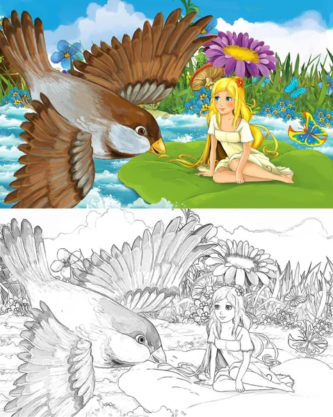 cartoon beautiful girl in the stream wild bird with sketch illustration