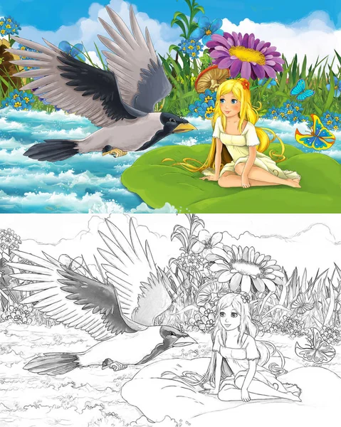 Cartoon beautiful girl in the stream wild bird with sketch illustration — Stock Photo, Image