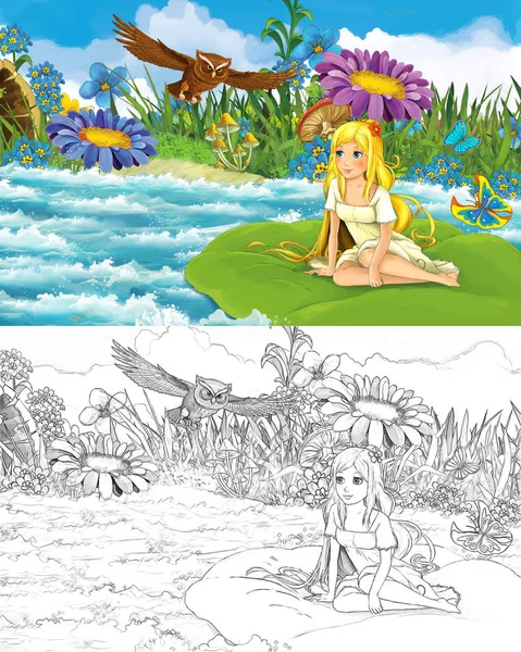 Dessin animé belle fille dans le ruisseau oiseau sauvage avec croquis illustration — Photo