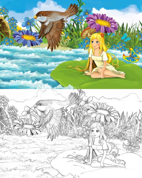 Dessin animé belle fille dans le ruisseau oiseau sauvage avec croquis illustration — Photo