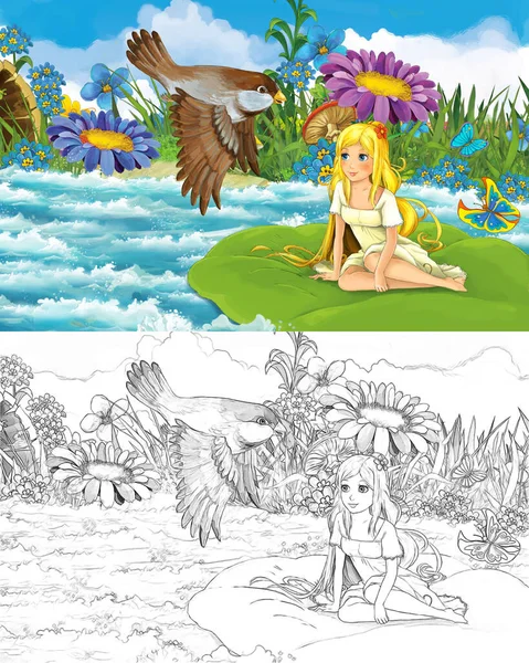 Cartone animato bella ragazza nel ruscello uccello selvatico con illustrazione schizzo — Foto Stock
