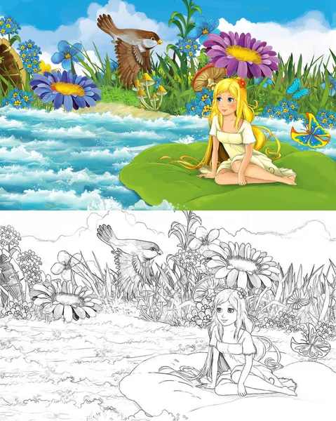 Cartoon beautiful girl in the stream wild bird with sketch illustration — Stock Photo, Image