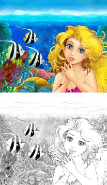 Denizkızı ile karikatür sahnesi. Sualtı krallığı mercan resifinde yüzüyor. Resimli bazı balıkların yanında.
