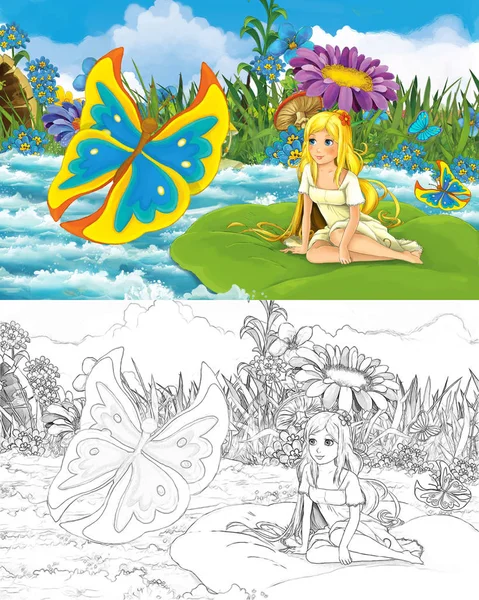 Cartoon mooi meisje in de beek in de buurt van een weide met een wilde vlinder met schets illustratie — Stockfoto