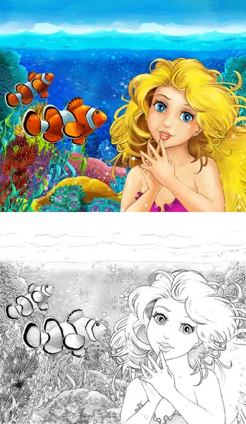 Cartoon scene with mermaid princess swimming in the underwater kingdom coral reef near some fishes with sketch - illustration — 스톡 사진