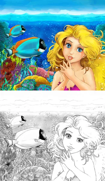 Cartoon scene with mermaid princess swimming in the underwater kingdom coral reef near some fishes with sketch - illustration — Stock Photo, Image