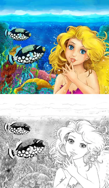 いくつかの魚の近くの水中王国のサンゴ礁で人魚姫が泳いでいる漫画シーン-イラスト- — ストック写真